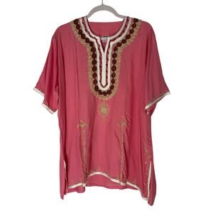 H.W BRSY Pink Gold & Cream Embroidery Cotton V-nbeck Tunic Blouse Top Size XL